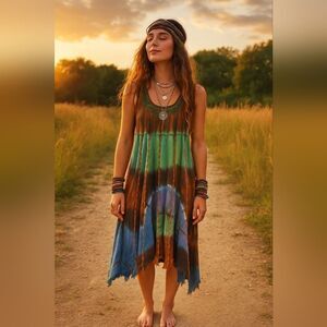 Tie Dye Handkerchief Mini Dress M Beaded Embroidery Festival Distressed Hem